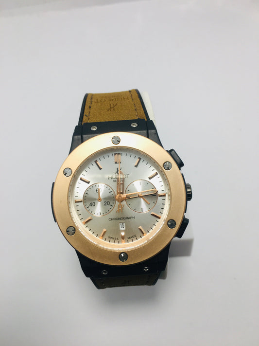 Hublot’s Classic Fusion watch comes in both a brown -coloured Berluti leather edition